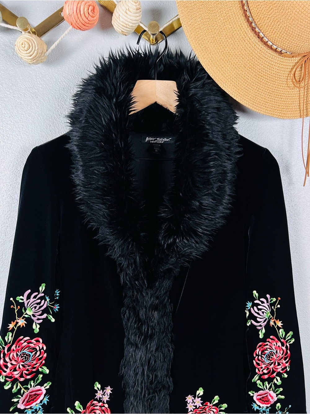 Vintage 90s Betsey Johnson Black Velvet Floral Embroidered Fur Trim Penny Lane - Picture 2 of 12
